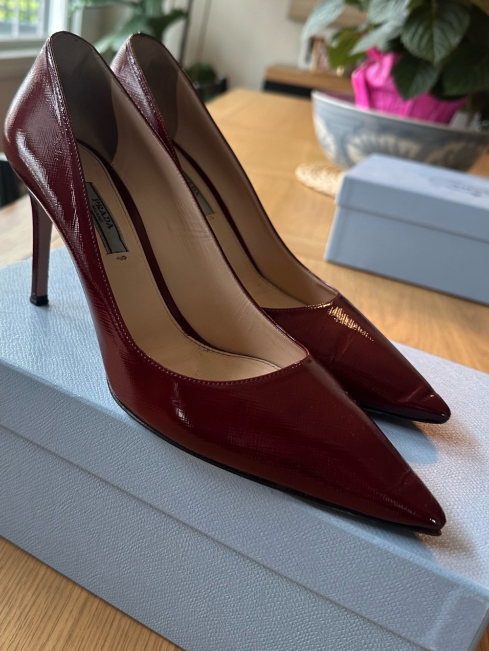 Prada Saffiano Leather Pointed-Toe Pumps in Deep Burgundy. 
Size 38.5